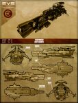  3d battleship_(eve_online) blueprint_(medium) brown_theme caldari_state_(eve_online) commentary concept_art copyright_name english_text eve_online from_side glowing highres logo military_vehicle mirage876 multiple_views no_humans original reference_sheet science_fiction spacecraft thrusters vehicle_focus 