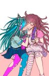  2girls :d absurdres apron asymmetrical_legwear bandaged_leg bandages bandaid bandaid_on_knee bandaid_on_leg black_nails blue_hair blush brown_hair closed_eyes danganronpa_(series) danganronpa_2:_goodbye_despair facing_another green_hair green_shirt green_skirt green_thighhighs grey_apron grey_hair hand_up heart highres long_hair miniskirt mioda_ibuki mismatched_legwear multicolored_hair multiple_girls nail_polish open_mouth pink_hair pink_shirt pink_theme puffy_short_sleeves puffy_sleeves scrunchie shirt short_sleeves sitting skirt smile thigh-highs torn_clothes torn_thighhighs tsumiki_mikan wrist_scrunchie youko-shima 