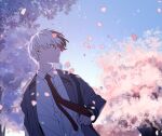  1boy anime_coloring blazer blue_sky blurry blurry_background blurry_foreground boku_no_hero_academia burn_scar buttons cel_shading cherry_blossoms cherry_tree collared_shirt double_horizontal_stripe dress_shirt dutch_angle eyes_visible_through_hair falling_petals floating_clothes floating_hair floating_neckwear flower grey_eyes grey_jacket hand_up highres holding_strap jacket lapels long_sleeves looking_to_the_side makuro male_focus multicolored_hair necktie notched_lapels open_clothes open_jacket outdoors parted_lips petals pink_flower red_necktie redhead scar scar_on_face school_uniform shirt short_hair shoulder_strap sideways_mouth sky solo split-color_hair straight_hair todoroki_shouto tree_shade turning_head two-tone_hair u.a._school_uniform white_hair white_shirt wind wing_collar 