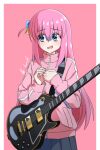  1girl artist_name blue_eyes bocchi_the_rock! cube_hair_ornament electric_guitar gibson_les_paul gotoh_hitori guitar hair_between_eyes hair_ornament highres instrument jacket long_hair long_sleeves looking_to_the_side nervous nervous_smile open_mouth pink_hair pink_jacket pink_track_suit side_ahoge signature simple_background skirt smile solo tanny_v track_jacket 