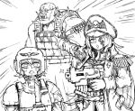  1boy 2girls artificial_eye astra_militarum bandolier bolter commissar crying crying_with_eyes_open ekfh4rnrqkq gun hat helmet holding holding_gun holding_knife holding_weapon knife mechanical_eye multiple_girls muscular muscular_male orc ork_(warhammer) peaked_cap pointing pointing_at_another scared shoulder_spikes spikes tears warhammer_40k weapon 