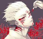 1boy applying_makeup eyeliner eyeshadow facepaint flower grey_background holding holding_paintbrush jujutsu_kaisen makeup male_focus out_of_frame oxoxovo paintbrush partially_colored portrait red_eyes red_flower red_theme ringed_eyes ryoumen_sukuna_(jujutsu_kaisen) short_hair solo_focus spider_lily spiky_hair twitter_logo 