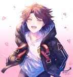  1boy :d black_jacket black_pants blue_eyes brown_hair commentary_request gradient_background hood hood_down hooded_jacket ittokyu jacket long_sleeves looking_at_viewer male_focus multicolored_hair nijisanji open_clothes open_jacket pants parted_bangs pink_background puffy_long_sleeves puffy_sleeves redhead saegusa_akina saegusa_akina_(4th_costume) shirt signature smile solo streaked_hair virtual_youtuber white_background white_shirt 