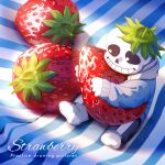  1boy artist_name black_pants blue_jacket english_text food fruit highres holding holding_food holding_fruit hood hood_down hooded_jacket jacket korokor59513559 male_focus pants sans sitting skeleton solo strawberry teeth twitter_username undertale 