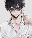 1boy brown_hair closed_mouth collarbone collared_shirt frown hair_between_eyes hand_up highres long_hair looking_to_the_side male_focus matsuda_jinpei meitantei_conan shirt simple_background solo sunglasses syarara23 upper_body white_background white_shirt 