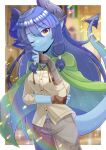  1girl ;) blue_hair blue_skin blurry blurry_background breasts brown_eyes brown_gloves brown_pants brown_shirt colored_skin commentary_request commission depth_of_field dragon_girl dragon_horns dragon_tail fingerless_gloves gloves hair_between_eyes hand_up horns kou_hiyoyo long_hair long_sleeves one_eye_closed original pants pointy_ears shirt sidelocks skeb_commission small_breasts smile solo standing tail very_long_hair 
