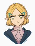  1girl braid closed_mouth cropped_shoulders crown_braid green_eyes hair_ornament hairclip highres looking_at_viewer mouyi parted_bangs pointy_ears portrait princess_zelda short_hair signature smile solo the_legend_of_zelda the_legend_of_zelda:_tears_of_the_kingdom 