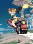  1girl bag banknote blonde_hair blue_eyes blue_sky bow_hairband breasts butt_crack dimples_of_venus dragon_ball dragon_ball_(classic) duffel_bag english_commentary fingerless_gloves firing fleeing full_body gloves green_socks green_tube_top gun hairband highres holding holding_gun holding_weapon imi_uzi large_breasts long_hair looking_back lunch_(bad)_(dragon_ball) lunch_(dragon_ball) money motor_vehicle motorized_unicycle mushroom muzzle_flash potemkinbuster red_footwear red_hairband riding shorts sky socks solo strapless submachine_gun tube_top unicycle weapon yellow_shorts 
