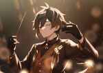  1boy alternate_costume antenna_hair black_gloves brown_background brown_theme earrings formal genshin_impact gloves hair_between_eyes highres jewelry long_hair male_focus open_hand req rns9ws simple_background smile solo tuxedo upper_body zhongli_(genshin_impact) 