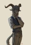  1boy artist_name beastars black_necktie blue_vest closed_mouth collared_shirt commentary cowboy_shot curled_horns dated english_commentary furry furry_male grey_hair hair_between_eyes hand_on_own_neck hand_up horns lemoneto light_smile looking_at_viewer necktie pants pina_(beastars) school_uniform sheep_boy shirt simple_background sleeves_rolled_up solo tail vest white_shirt 