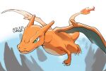  charizard claws closed_mouth commentary_request dated day fangs fangs_out flame-tipped_tail flying green_eyes nanaura_narina no_humans outdoors pokemon pokemon_(creature) signature 