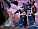  autobot clenched_hand clouds cloudy_sky delta_magnus guido_guidi gun holding holding_gun holding_weapon kiloton_(transformers) mecha orange_eyes robot sky solo_focus transformers transformers_victory weapon 