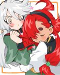  2girls ahoge asticassia_school_uniform black_hairband blush closed_eyes closed_mouth commentary_request embarrassed frown green_jacket grey_eyes grey_hair gundam gundam_suisei_no_majo hair_between_eyes hairband hand_up heart hug jacket long_hair long_sleeves low_ponytail miorine_rembran multiple_girls open_mouth redhead sakusankarmin school_uniform shoulder_boards smile suletta_mercury sweatdrop swept_bangs thick_eyebrows upper_body v-shaped_eyebrows white_jacket wide_sleeves yuri 
