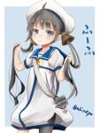  1girl ahoge akino_shuu black_hair black_pantyhose blue_eyes closed_mouth dress hat kaiboukan_no._22_(kancolle) kantai_collection long_hair low_twintails pantyhose sailor_dress sailor_hat short_sleeves single_leg_pantyhose smile solo twintails twitter_username white_dress white_headwear 