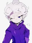  1boy a_(poipiku_325815) bede_(pokemon) closed_mouth coat commentary_request curly_hair eyelashes frown grey_background long_sleeves looking_at_viewer male_focus pokemon pokemon_(game) pokemon_swsh purple_coat short_hair simple_background solo thick_eyebrows upper_body v-shaped_eyebrows white_hair 