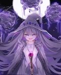  1girl absurdres cloak cosplay elden_ring full_moon grey_hair hat highres holding holding_staff hololive hololive_english koseki_bijou long_hair ma_draws magic moon ranni_the_witch ranni_the_witch_(cosplay) rock staff violet_eyes virtual_youtuber witch_hat wooden_staff 