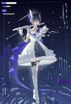  alkyne_gui bare_shoulders black_hair detached_collar dress gloves hair_between_eyes highres mechanical_arms playing_flute punishing:_gray_raven selena_(punishing:_gray_raven) short_hair sidelocks single_mechanical_arm single_thighhigh thigh-highs thigh_strap violet_eyes white_dress white_gloves white_thighhighs wing_hair_ornament 