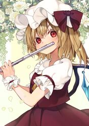  1girl blonde_hair blush collared_shirt crystal flandre_scarlet flower flute frilled_shirt_collar frills hair_between_eyes hat highres holding holding_instrument instrument long_hair mob_cap music one_side_up playing_instrument red_eyes red_skirt red_vest shirt short_sleeves skirt solo touhou upper_body vest white_flower white_headwear white_shirt wings wrist_cuffs yuineko 