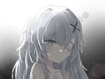 1girl bandage_over_one_eye grey_eyes grey_hair hair_between_eyes hair_ornament highres jngen97 long_hair looking_at_viewer messy_hair no.21_(punishing:_gray_raven) one_eye_covered parted_lips punishing:_gray_raven solo x_hair_ornament 