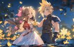  1boy 1girl aerith_gainsborough aqua_eyes armor artist_name bandaged_arm bandages bangle belt blonde_hair blue_pants blue_shirt blurry blurry_foreground blush bracelet braid braided_ponytail brown_belt brown_hair cat_princess choker clenched_hand cloud_strife couple cropped_jacket dress falling_petals final_fantasy final_fantasy_vii final_fantasy_vii_remake flower flower_choker gloves green_eyes hair_between_eyes hair_flower hair_ornament hair_ribbon hand_on_another&#039;s_cheek hand_on_another&#039;s_face hetero holding holding_flower jacket jewelry lily_(flower) long_dress long_hair looking_at_another multiple_belts night night_sky outdoors pants parted_bangs parted_lips partially_submerged petals pink_dress pink_flower pink_ribbon red_jacket ribbon shirt shooting_star short_hair short_sleeves shoulder_armor sidelocks single_bare_shoulder sky sleeveless sleeveless_turtleneck spiky_hair star_(sky) starry_sky suspenders tears turtleneck wavy_hair yellow_flower 