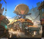  2023 arena balloon blue_sky building concept_art copyright_name english_commentary english_text fence highres logo official_art outdoors overwatch overwatch_2 radio_antenna shop sign sky spikes ventilation_fan wire 