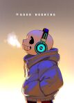  1boy black_shorts blue_jacket breath english_text hands_in_pockets headphones hood hood_down hooded_jacket jacket korokor59513559 male_focus sans shorts simple_background skeleton solo teeth undertale 