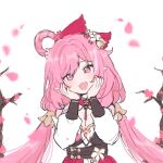  1girl 5rwpvc bell bow choker elysia_(honkai_impact) hair_bell hair_bow hair_ornament highres honkai_(series) honkai_impact_3rd long_hair long_sleeves looking_at_viewer low_twintails open_mouth pink_bow pink_choker pink_eyes pink_hair pointy_ears puffy_long_sleeves puffy_sleeves shirt sidelocks simple_background single_hair_ring smile solo twintails very_long_hair white_background white_shirt 