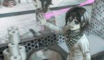  1boy :d absurdres blood broken_mirror checkered_clothes checkered_scarf danganronpa_(series) danganronpa_v3:_killing_harmony grey_jacket highres jacket kudo_(kddrv3) long_sleeves male_focus mirror oma_kokichi pink_blood scarf sink smile solo tile_floor tiles toilet_paper upper_body violet_eyes 