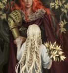  1boy 1girl blonde_hair bouquet braid brother_and_sister brown_dress cloak dress elden_ring flower fur_collar gold_armor height_difference highres holding holding_bouquet holding_hands lily_(flower) long_hair malenia_blade_of_miquella miquella_(elden_ring) mispellaneous multiple_braids multiple_scars prosthesis prosthetic_arm red_cloak redhead robe scar siblings tree twins white_robe yellow_leaves 