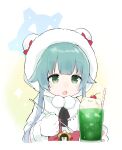  1girl absurdres animal_ears animal_hands animal_hood blue_archive bow coat commentary_request cup drinking_glass drinking_straw fake_animal_ears fur-trimmed_hood fur_trim gloves green_eyes green_hair halo highres holding holding_spoon hood hood_up ice ice_cube long_hair momiji_(blue_archive) ooyama_imo open_mouth paw_gloves red_bow solo spoon upper_body white_coat white_gloves 