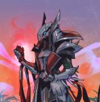  1boy armor azir clenched_hands full_armor glowing glowing_eyes grass green_eyes hand_up league_of_legends multicolored_background noxus_(league_of_legends) phantom_ix_row red_background shoulder_plates shoulder_spikes solo spikes 