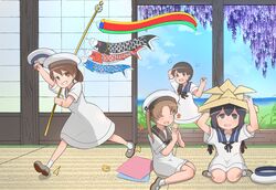  4girls aged_down ayanami_(kancolle) black_hair blue_sailor_collar braid brown_eyes brown_hair brown_sailor_collar commentary_request dress highres isonami_(kancolle) kantai_collection kodomo_no_hi koinobori long_hair low_twintails multiple_girls paper_hat paper_kabuto sailor_collar sailor_dress shikinami_(kancolle) short_hair side_ponytail sitting tatami tiger_(tiger-kimu) twin_braids twintails uranami_(kancolle) wariza white_dress white_headwear windsock 