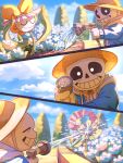  1boy 1other blue_jacket closed_eyes closed_mouth clouds day flower flowey_(undertale) hat highres hood hood_down hooded_jacket jacket korokor59513559 outdoors sans shirt skeleton sky smile teeth undertale water white_shirt 