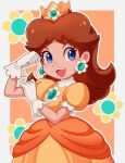  1girl blue_eyes brown_hair clenched_hand crown dress earrings flexing flower_earrings gloves jewelry open_mouth orange_dress princess_daisy short_sleeves solo super_mario_bros. teeth upper_teeth_only user_nvmu4285 white_gloves 
