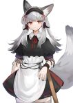  1girl andou_yuna animal_ears arknights black_dress black_nails collared_dress cowboy_shot dress fox_ears fox_girl fox_tail frostleaf_(arknights) grey_hair grey_thighhighs headphones highres long_hair looking_at_viewer maid neck_ribbon parted_lips red_eyes red_ribbon ribbon short_sleeves simple_background tail thigh-highs twitter_username white_background 