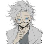  1boy blue_eyes chinese_commentary closed_mouth colored_sclera commentary_request glasses gouzhiyi grey_sclera grey_shirt hand_up highres kanou_aogu lab_coat male_focus saibou_shinkyoku sanpaku shirt short_hair simple_background sketch smile solo white_background white_hair 