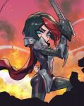  1girl arm_behind_back armor black_bodysuit black_hair bodysuit cape commentary explosion fiora_(league_of_legends) fire green_eyes holding holding_weapon league_of_legends multicolored_hair noxus_(league_of_legends) phantom_ix_row red_cape redhead short_hair shoulder_plates solo symbol-only_commentary two-tone_hair weapon 
