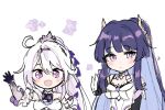  2girls 5rwpvc ahoge blue_eyes blue_hair breasts chibi colored_inner_hair crown dress high_ponytail honkai_(series) honkai_impact_3rd horns kiana_kaslana kiana_kaslana_(herrscher_of_finality) large_breasts long_hair looking_at_viewer medium_breasts multicolored_hair multiple_girls open_mouth purple_hair raiden_mei raiden_mei_(herrscher_of_origin) sidelocks simple_background sparkling_eyes upper_body very_long_hair white_background white_dress 