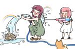  &gt;_&lt; 2girls :d blush bocchi_the_rock! closed_eyes dog dress fang geta gotoh_futari green_dress hiroi_kikuri holding holding_water_gun hose jimihen long_hair multiple_girls pink_hair purple_hair rainbow short_hair smile squatting standing torako_(toramaru) turtle water water_gun white_dress 