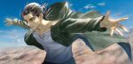  1boy blue_eyes blue_pants brown_hair closed_mouth clouds cloudy_sky eren_yeager facial_mark furrowed_brow green_jacket hair_bun hair_pulled_back highres hood hood_down hooded_jacket jacket male_focus medium_hair outdoors outstretched_arms pants picture_arakin shingeki_no_kyojin shirt sky solo upper_body white_shirt 