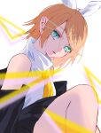  1girl alternate_costume blonde_hair bow detached_sleeves green_eyes hair_between_eyes hair_bow hair_ornament hairclip highres izmtyan kagamine_rin looking_at_viewer medium_hair necktie simple_background skirt solo upper_body vocaloid white_background 