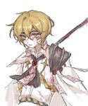  1boy ascot blonde_hair blood blood_on_clothes blood_on_face cape limbus_company long_sleeves nishiirei9522 parted_lips project_moon shirt simple_background sinclair_(limbus_company) solo talisman wax_seal white_ascot white_background white_cape white_shirt yellow_eyes 