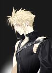  1boy bare_shoulders belt_buckle black_background black_shirt black_sleeves blonde_hair blood blood_on_face blue_eyes buckle closed_mouth cloud_strife collarbone commentary detached_sleeves duoj_ji earrings final_fantasy final_fantasy_vii final_fantasy_vii_advent_children highres jewelry male_focus popped_collar profile ribbed_shirt shirt short_hair shoulder_belt single_detached_sleeve sleeveless sleeveless_shirt solo spiky_hair stud_earrings twitter_username upper_body zipper 