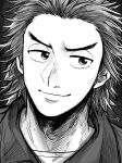  1boy greyscale highres keroko_(keroooon) light_smile long_hair looking_at_viewer male_focus monochrome nitta_reiji portrait solo uchuu_kyoudai 