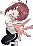  1girl absurdres arima_kana black_pants bob_cut exercise highres inverted_bob looking_up open_mouth oshi_no_ko pants red_eyes redhead ryou_08 shirt short_hair simple_background solo sweat sweatdrop white_background white_footwear white_shirt 