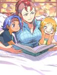  3girls absurdres aged_down bed bellemere blue_hair book child english_commentary family headband highres holding holding_book long_hair low_ponytail mohawk mother_and_daughter multiple_girls mygiorni nami_(one_piece) nojiko on_bed one_piece open_book open_mouth orange_hair pink_hair ponytail shirt short_hair siblings sisters smile teeth 