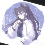  1boy animal_ears black_eyes blue_eyes blue_hair blue_shirt city_lights closed_mouth cup disposable_cup half_updo heterochromia holding holding_cup hong_lu_(limbus_company) limbus_company long_hair long_sleeves male_focus nishiirei9522 project_moon rain shirt simple_background solo very_long_hair white_background 