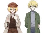  1boy 1girl blonde_hair blue_pants brown_cardigan brown_headwear brown_pants brown_sweater_vest cabbie_hat cardigan coat collared_shirt cowboy_shot don_quixote_(limbus_company) green_coat grey_sweater hat limbus_company long_sleeves looking_at_viewer nishiirei9522 open_mouth pants parted_lips project_moon round_eyewear shirt short_hair simple_background sinclair_(limbus_company) smile sweater sweater_vest turtleneck turtleneck_sweater white_background white_shirt yellow_eyes 