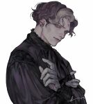  1boy ascot black_ascot black_shirt brown_hair closed_mouth crossed_arms dadadadadaist emet-selch final_fantasy final_fantasy_xiv forehead_jewel gloves highres long_sleeves looking_at_viewer male_focus multicolored_hair parted_bangs shirt short_hair solo two-tone_hair upper_body wavy_hair white_background white_gloves white_hair yellow_eyes 