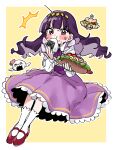  1girl absurdres blush delicious_party_precure diamond_hairband dress eating food frills full_body hairband highres holding holding_food kasai_amane kurihara_sakura long_hair long_sleeves looking_at_viewer onigiri precure purple_hair red_footwear simple_background socks sweat two-tone_background white_socks 